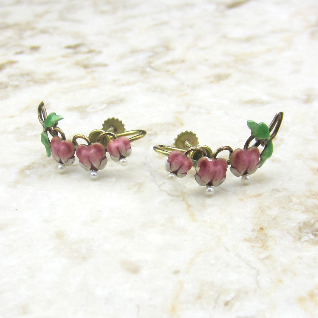 Antique Art Nouveau 14k Gold Enamel Krementz Bleeding Heart Flower Screw Back Earrings