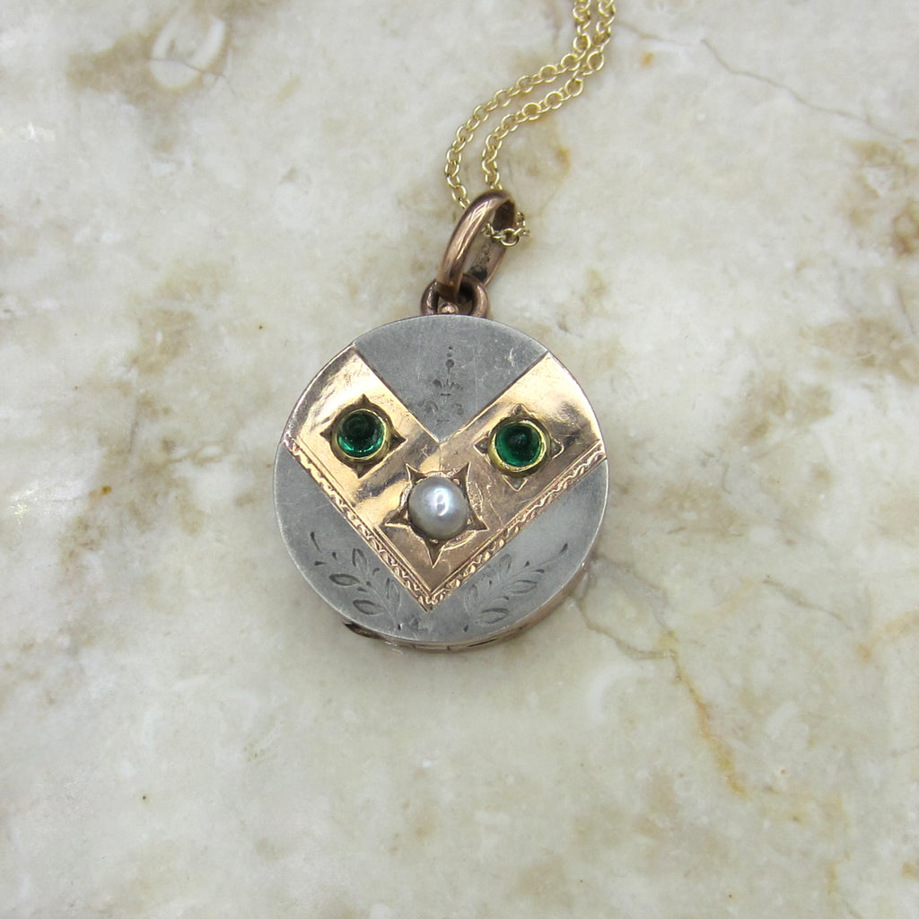 Antique Victorian Locket 10k Gold and Silver Emerald and Pearl c.1890s