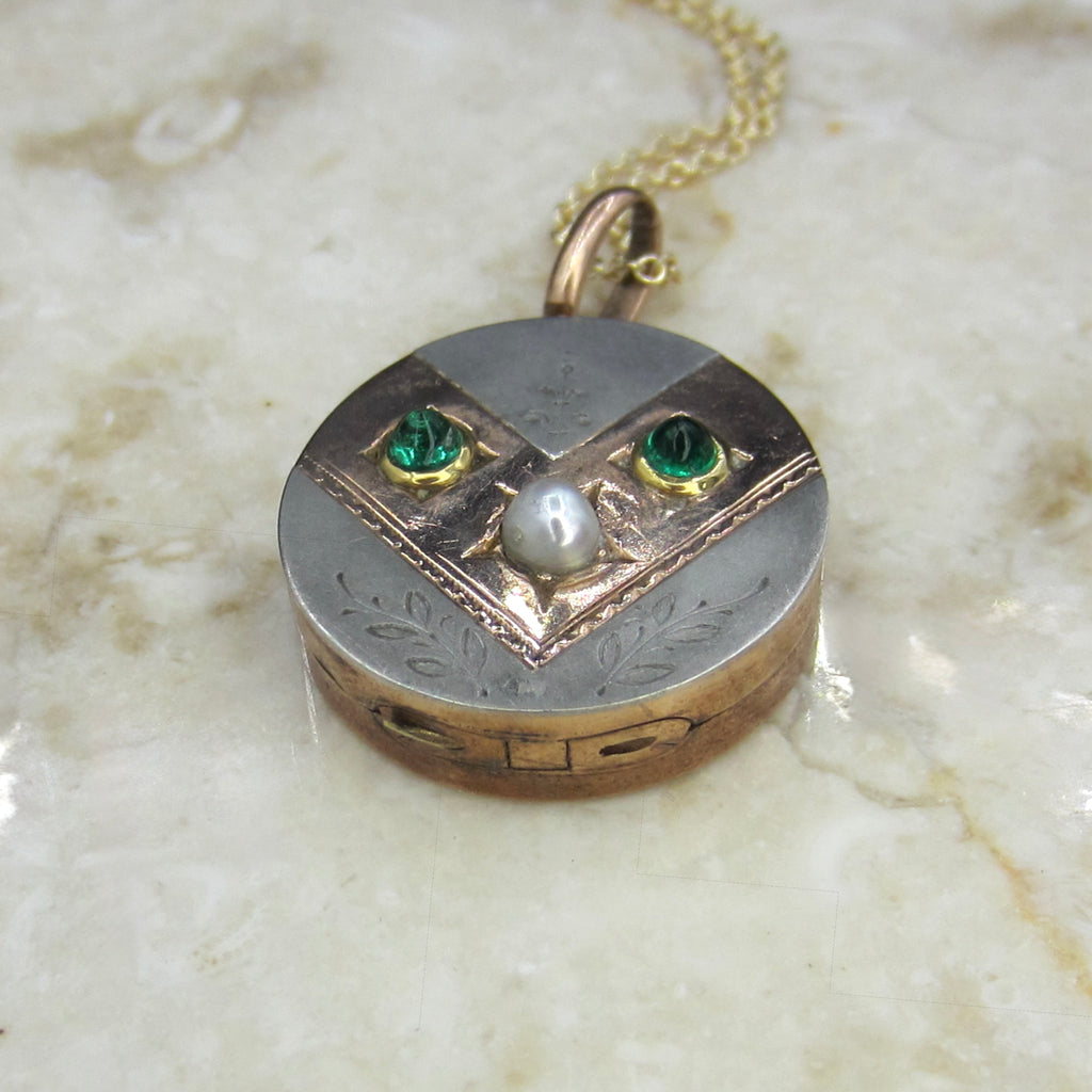 Antique Victorian Locket 10k Gold and Silver Emerald and Pearl c.1890s