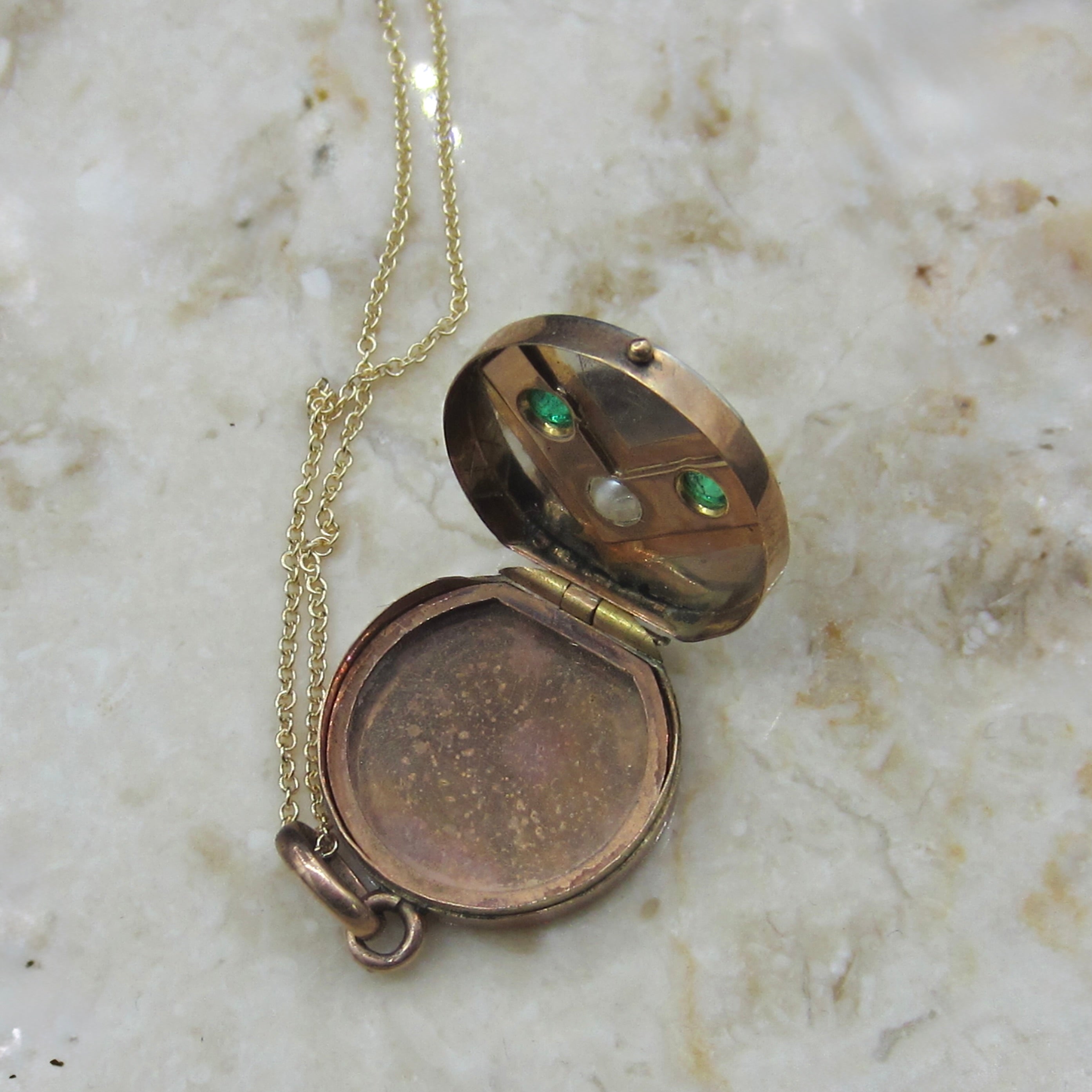 Antique Victorian Locket 10k Gold and Silver Emerald and Pearl c.1890s