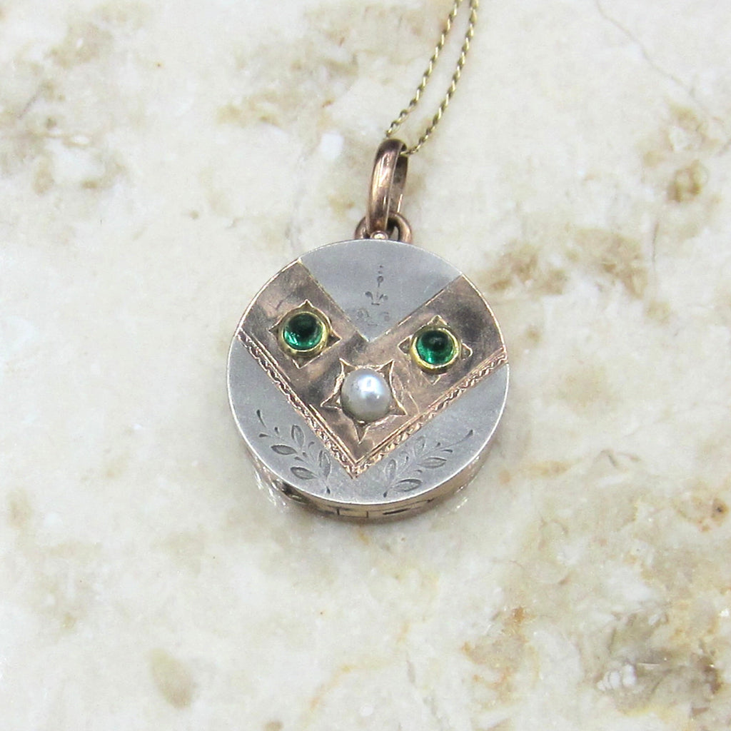 Antique Victorian Locket 10k Gold and Silver Emerald and Pearl c.1890s