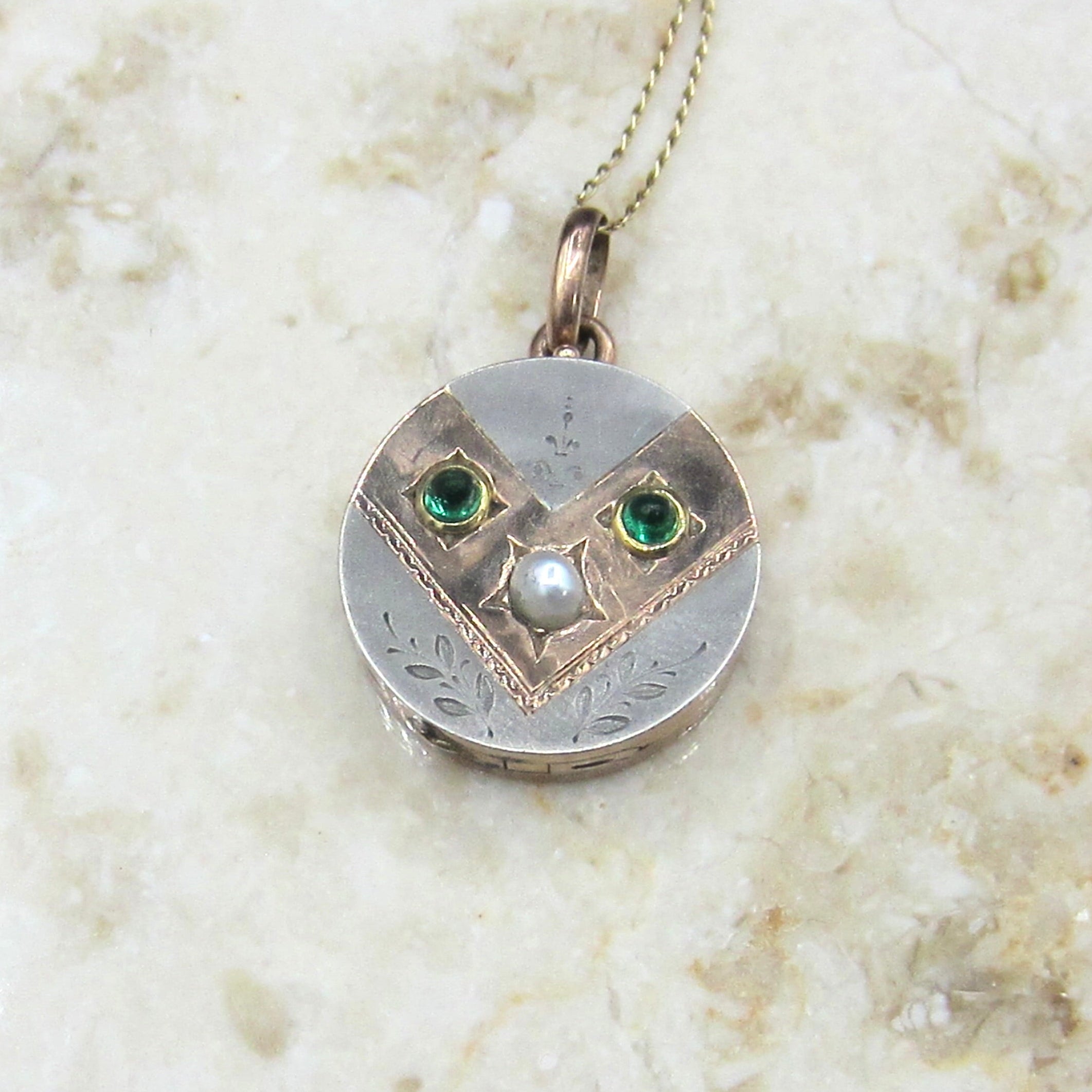 Antique Victorian Locket 10k Gold and Silver Emerald and Pearl c.1890s