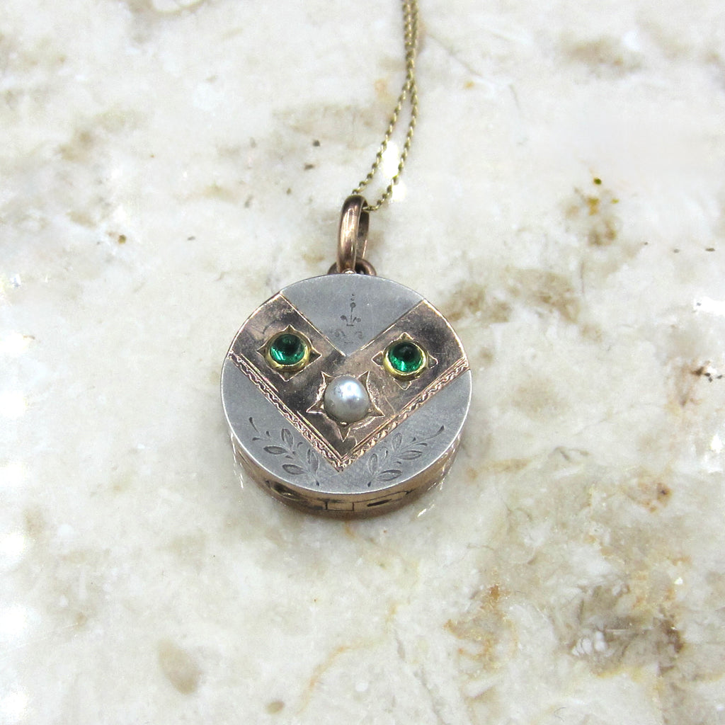 Antique Victorian Locket 10k Gold and Silver Emerald and Pearl c.1890s