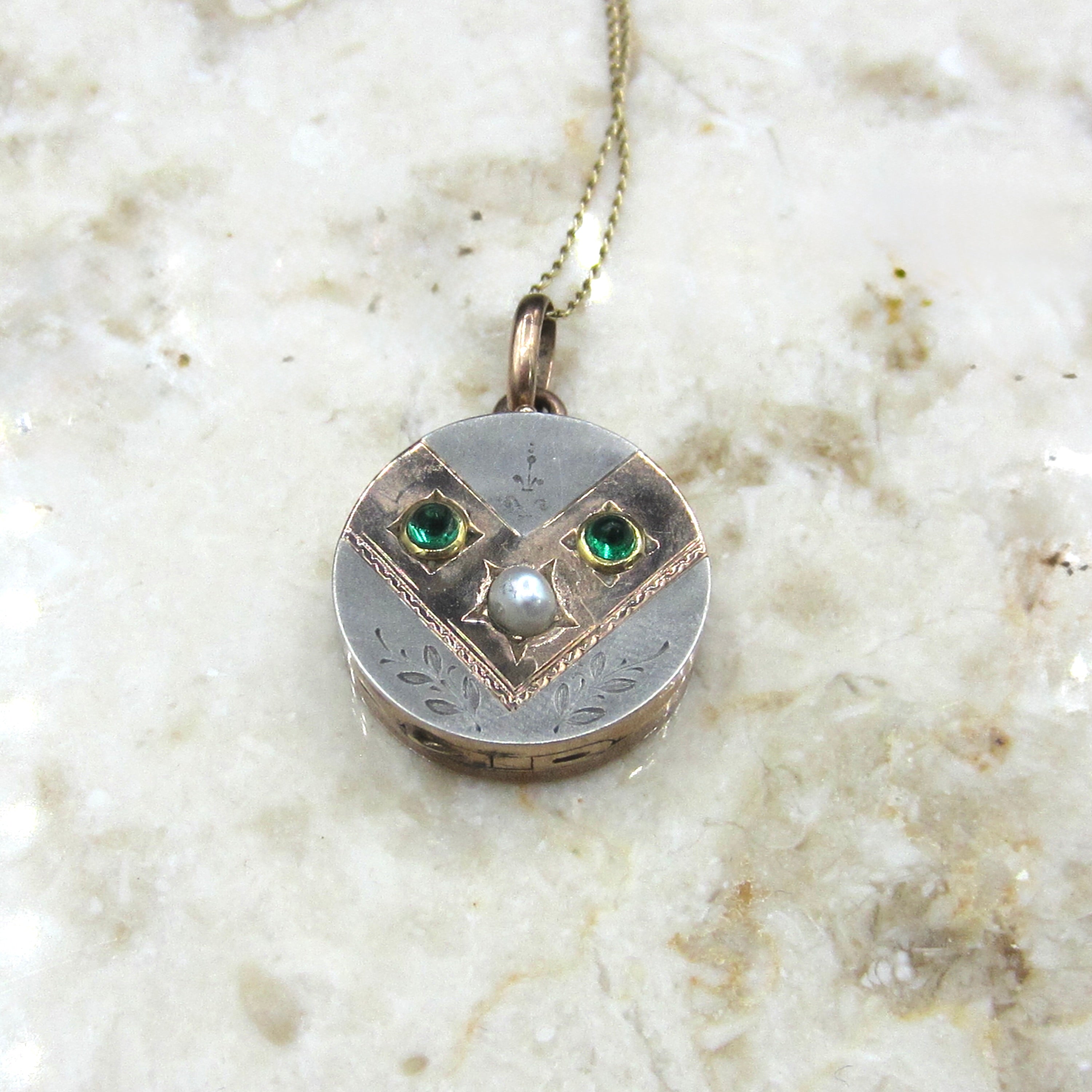 Antique Victorian Locket 10k Gold and Silver Emerald and Pearl c.1890s