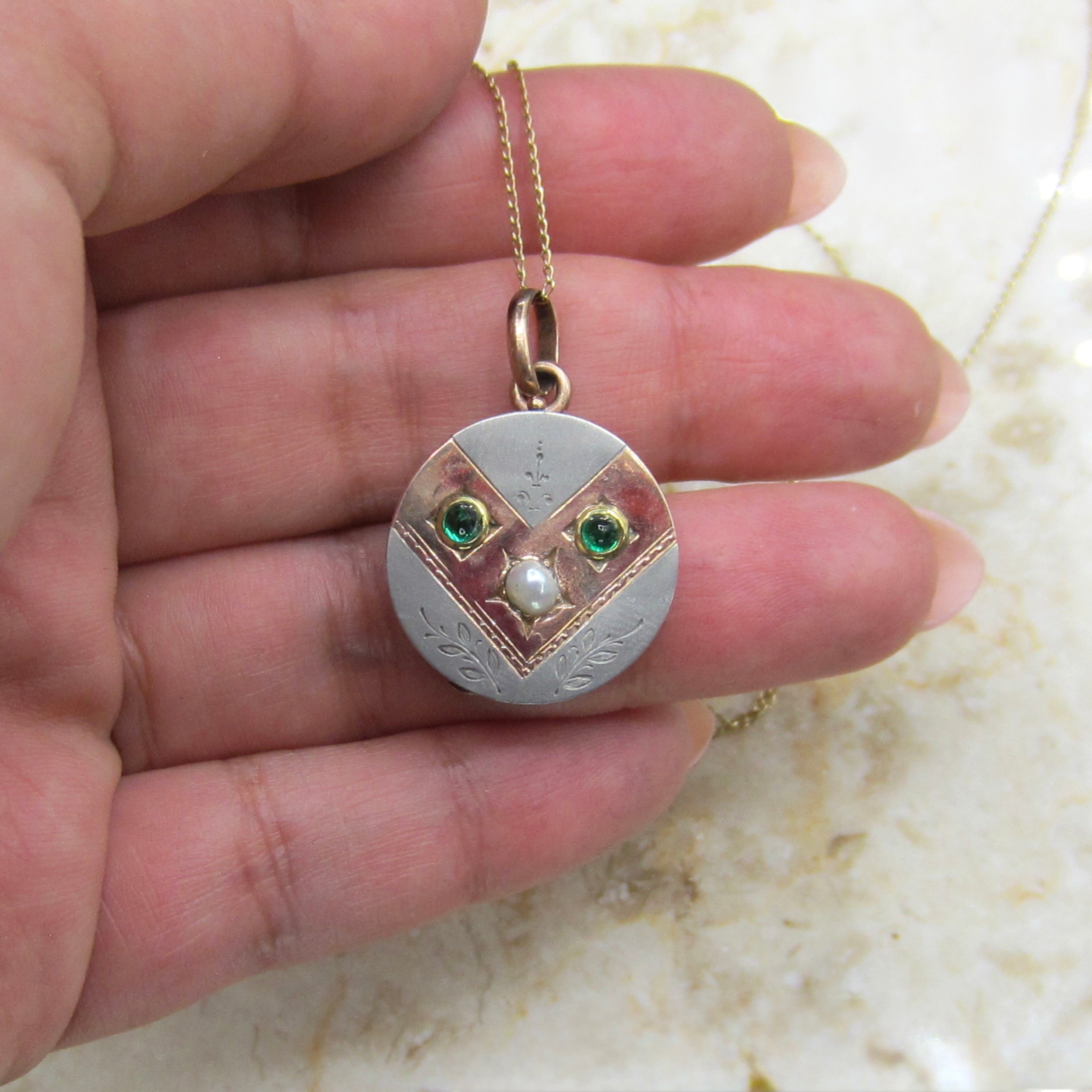 Antique Victorian Locket 10k Gold and Silver Emerald and Pearl c.1890s