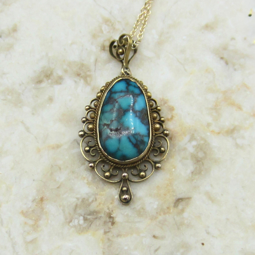 Antique 14k Gold Filigree Turquoise Nugget Pendant Necklace