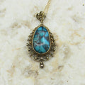 Antique 14k Gold Filigree Turquoise Nugget Pendant Necklace