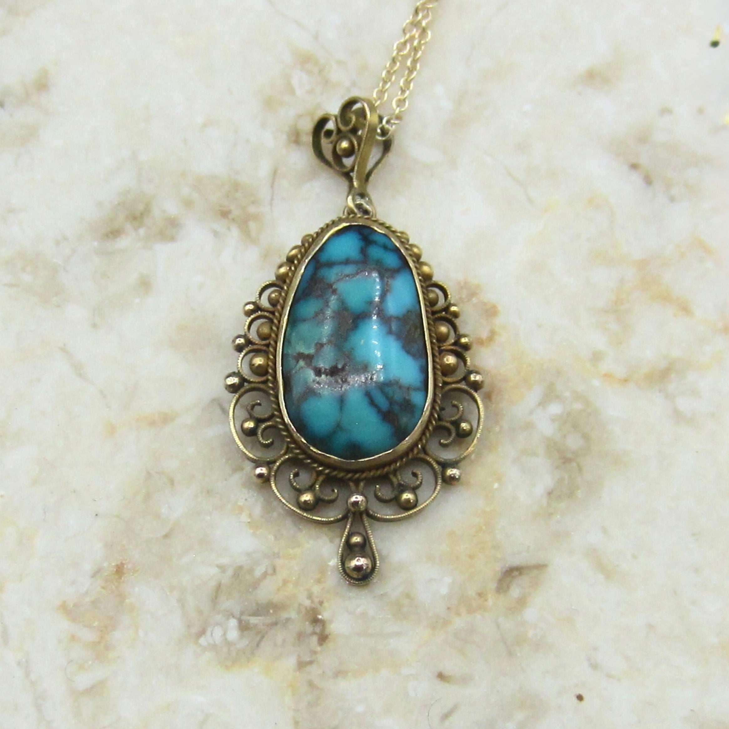 Antique 14k Gold Filigree Turquoise Nugget Pendant Necklace