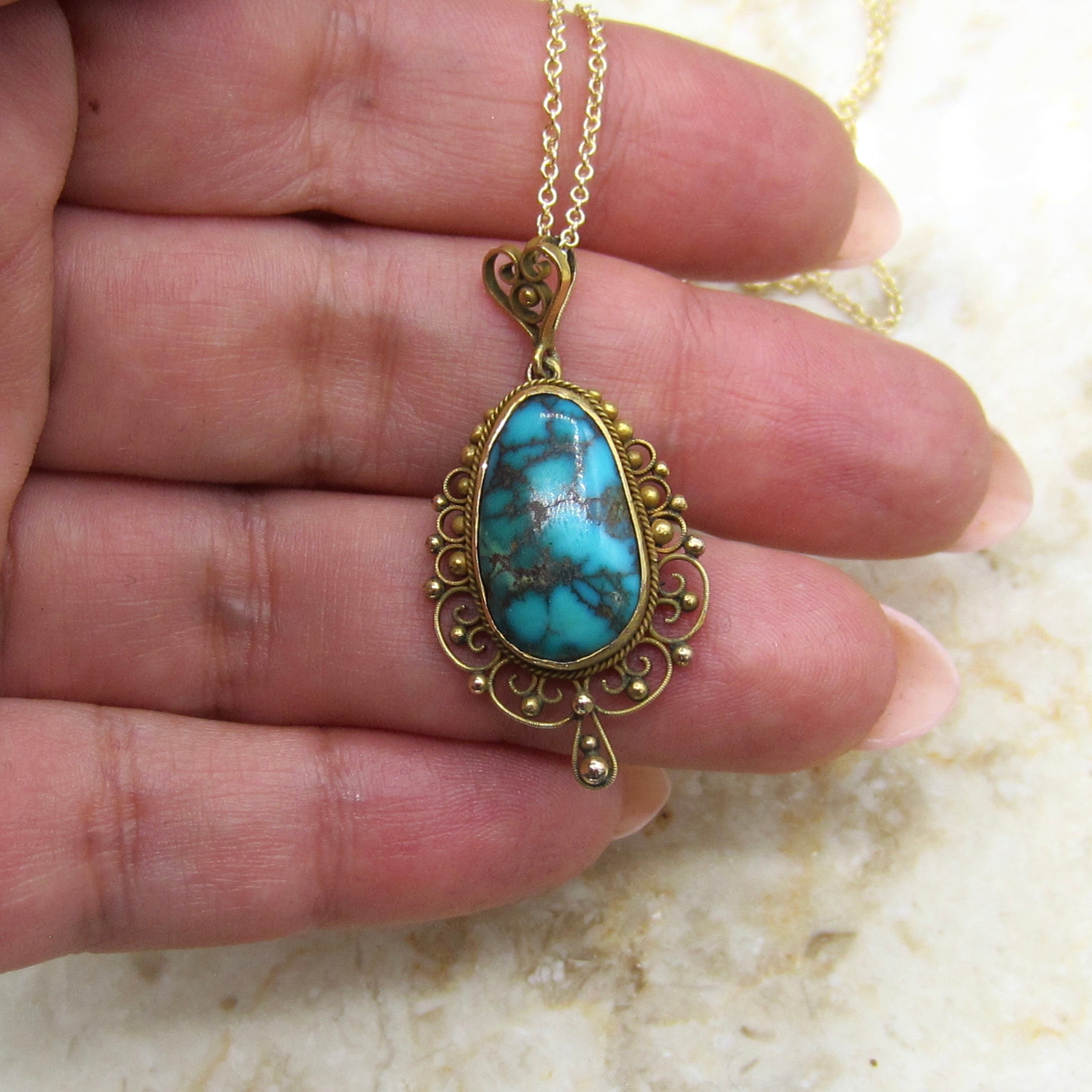 Antique 14k Gold Filigree Turquoise Nugget Pendant Necklace