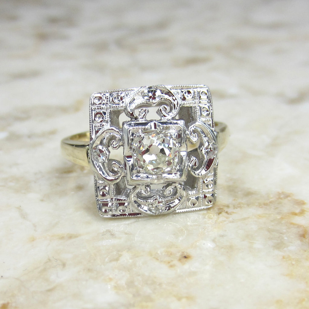 Antique Square Set Old Mine Cut Diamond Ring c.1930