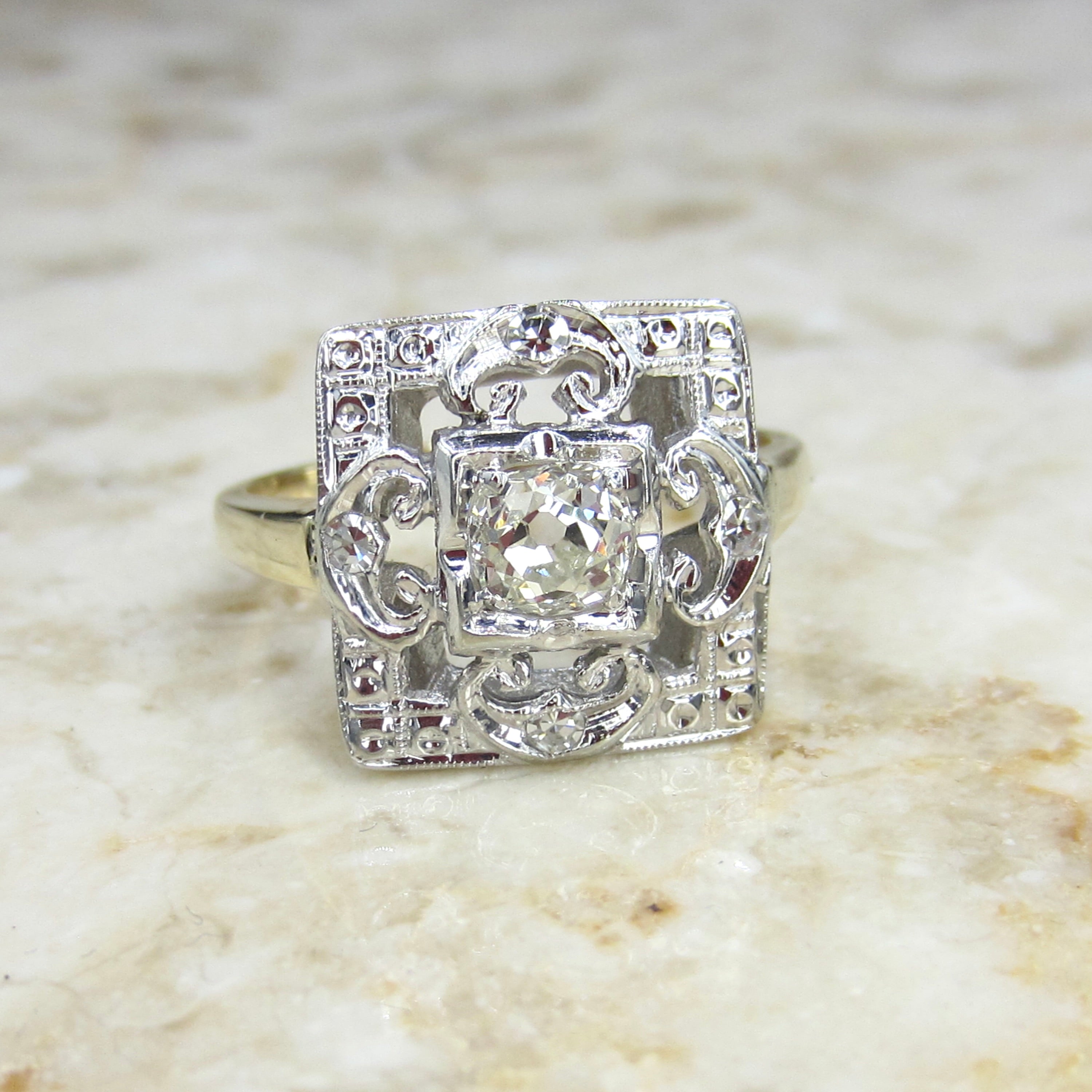 Antique Square Set Old Mine Cut Diamond Ring c.1930