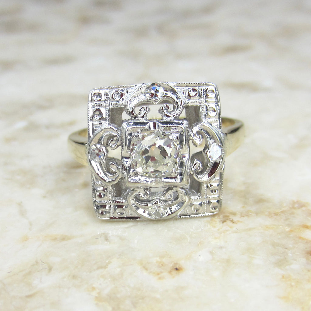 Antique Square Set Old Mine Cut Diamond Ring c.1930