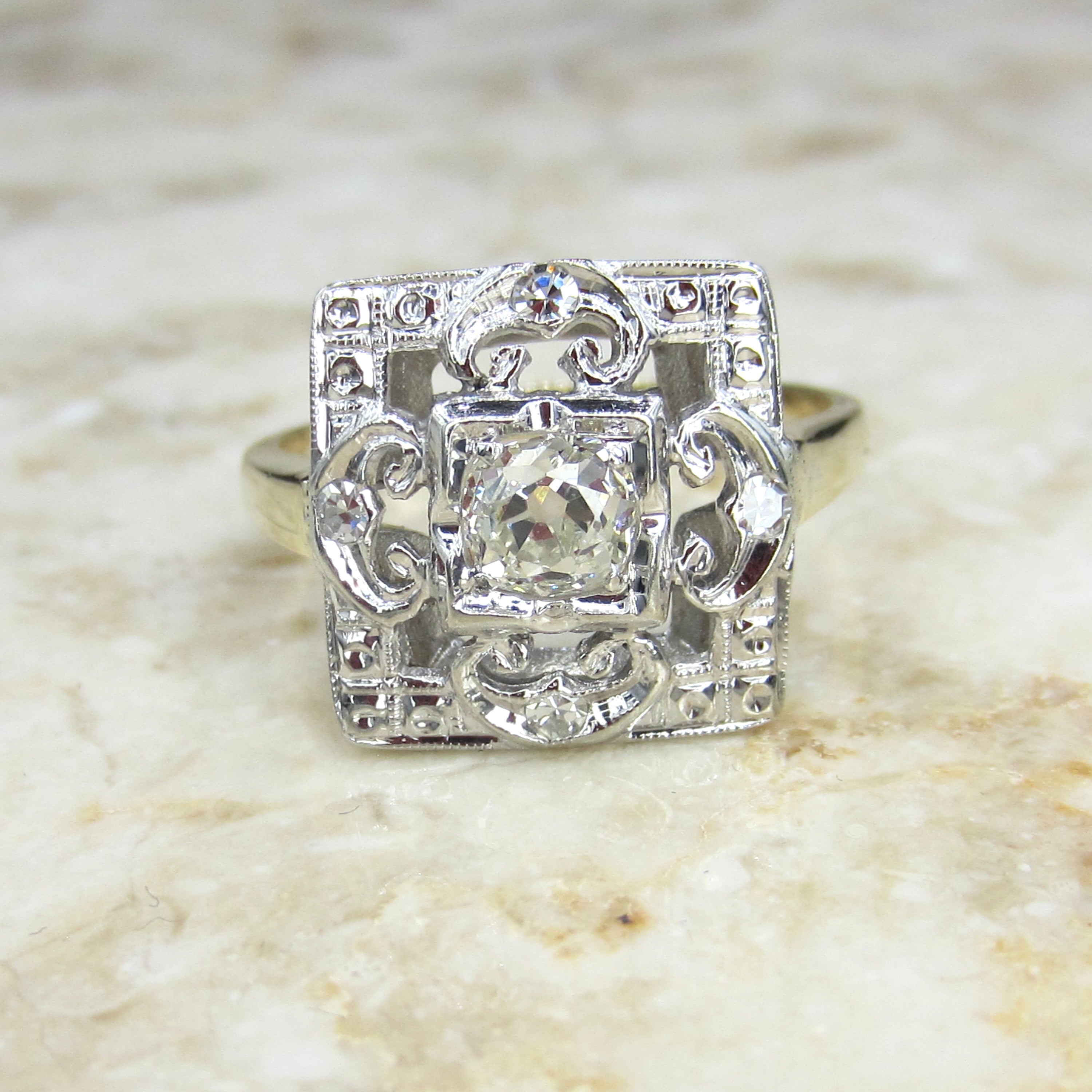Antique Square Set Old Mine Cut Diamond Ring c.1930