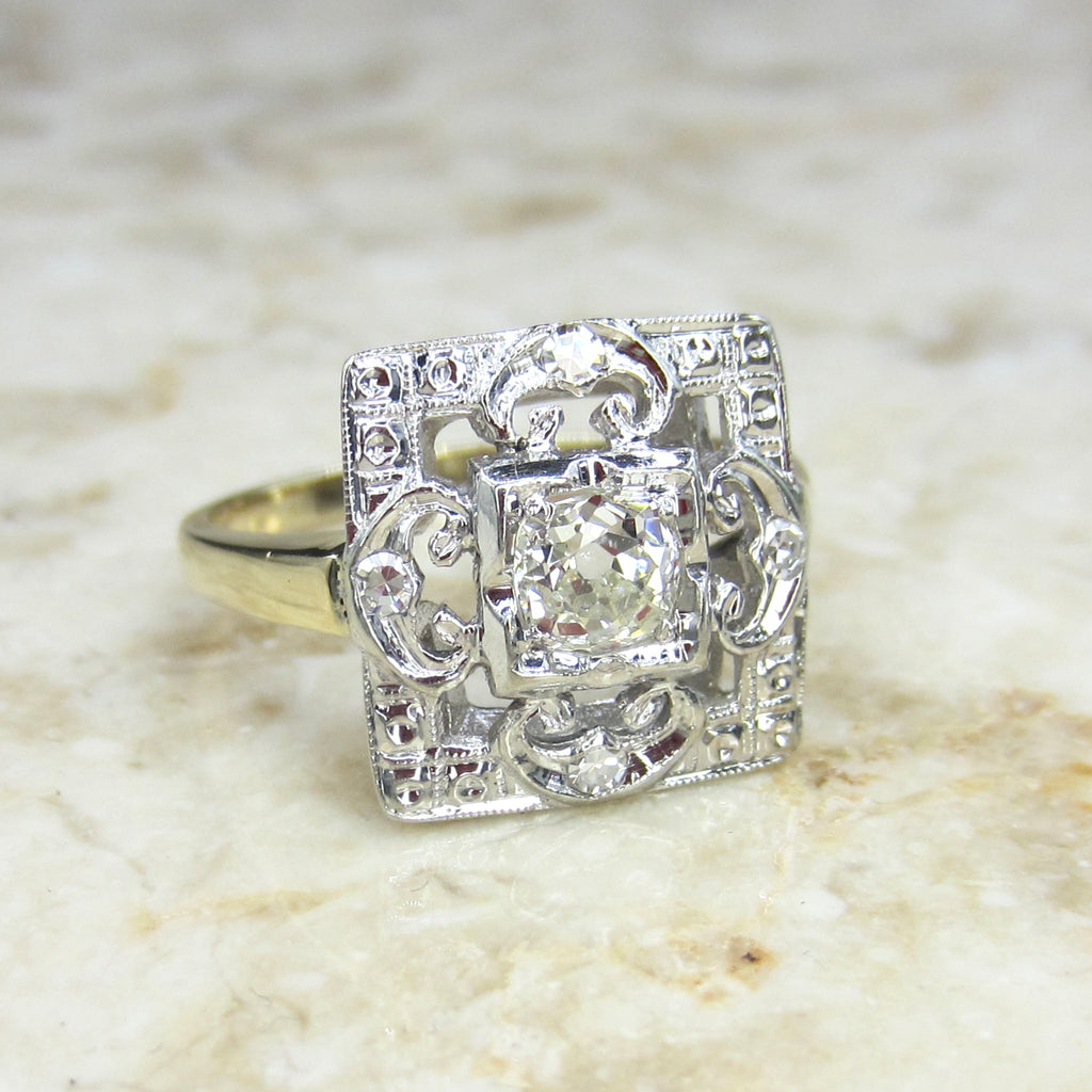 Antique Square Set Old Mine Cut Diamond Ring c.1930