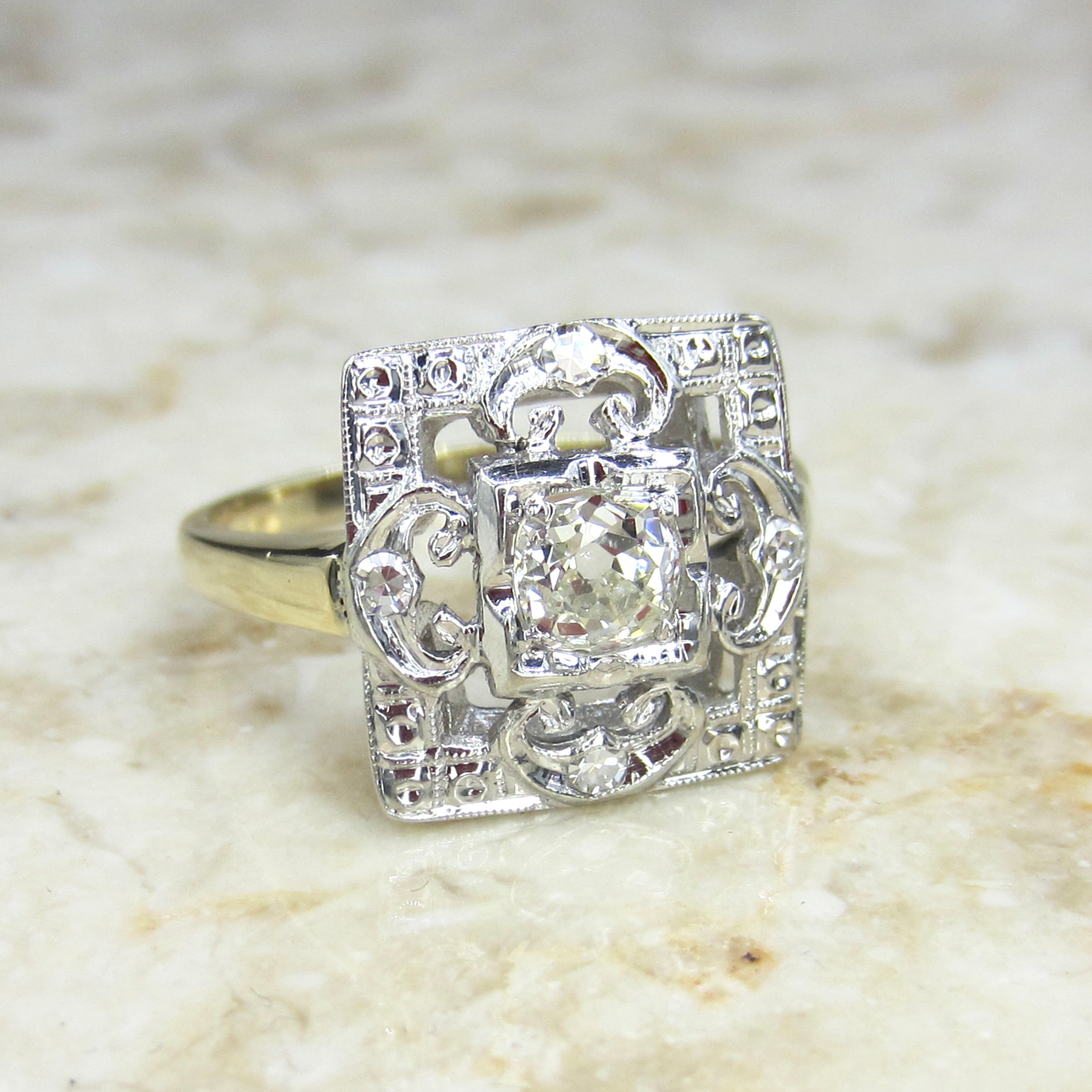 Antique Square Set Old Mine Cut Diamond Ring c.1930