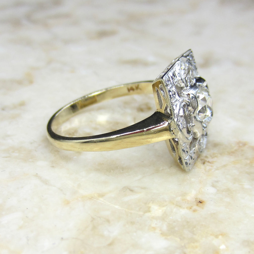 Antique Square Set Old Mine Cut Diamond Ring c.1930