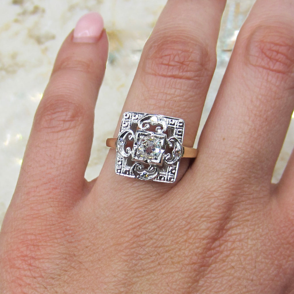 Antique Square Set Old Mine Cut Diamond Ring c.1930