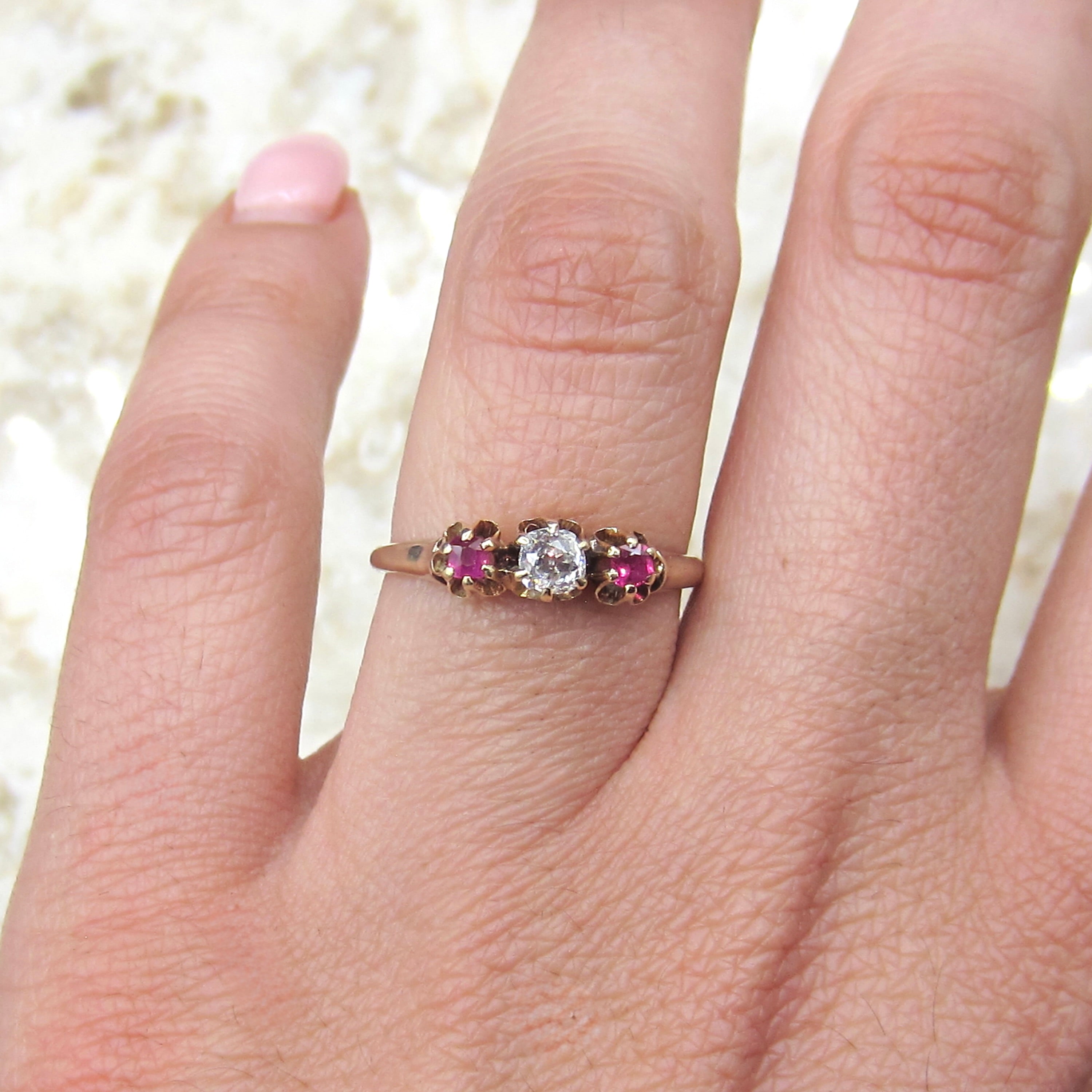 Antique 14k Gold Old Mine Cut Diamond and Ruby Three Stone Ring c.1900