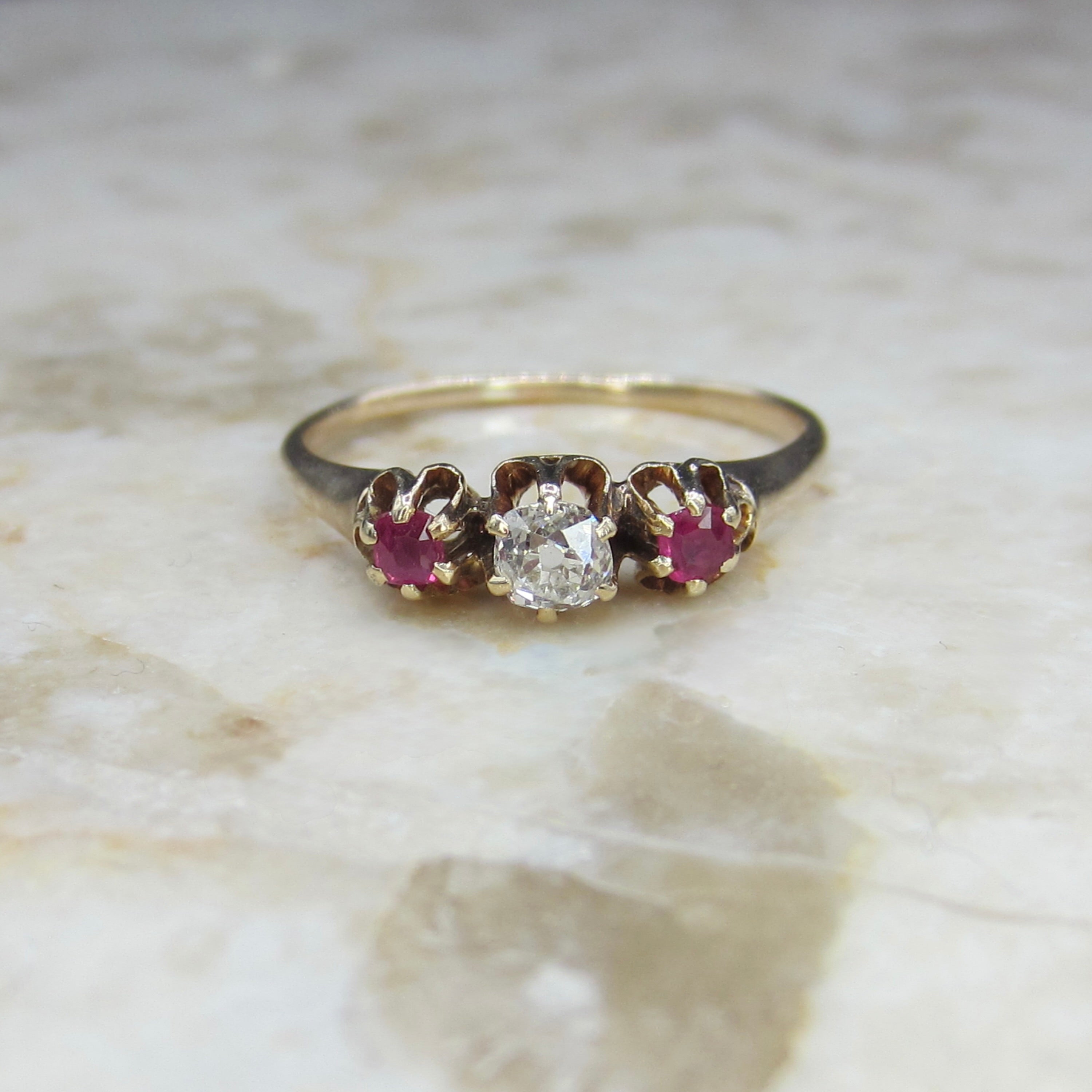 Antique 14k Gold Old Mine Cut Diamond and Ruby Three Stone Ring c.1900