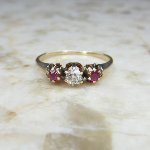 Antique 14k Gold Old Mine Cut Diamond and Ruby Three Stone Ring c.1900