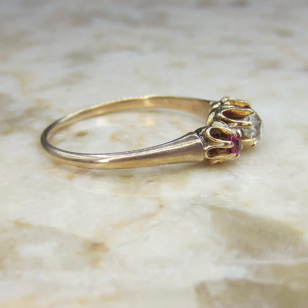 Antique 14k Gold Old Mine Cut Diamond and Ruby Three Stone Ring c.1900