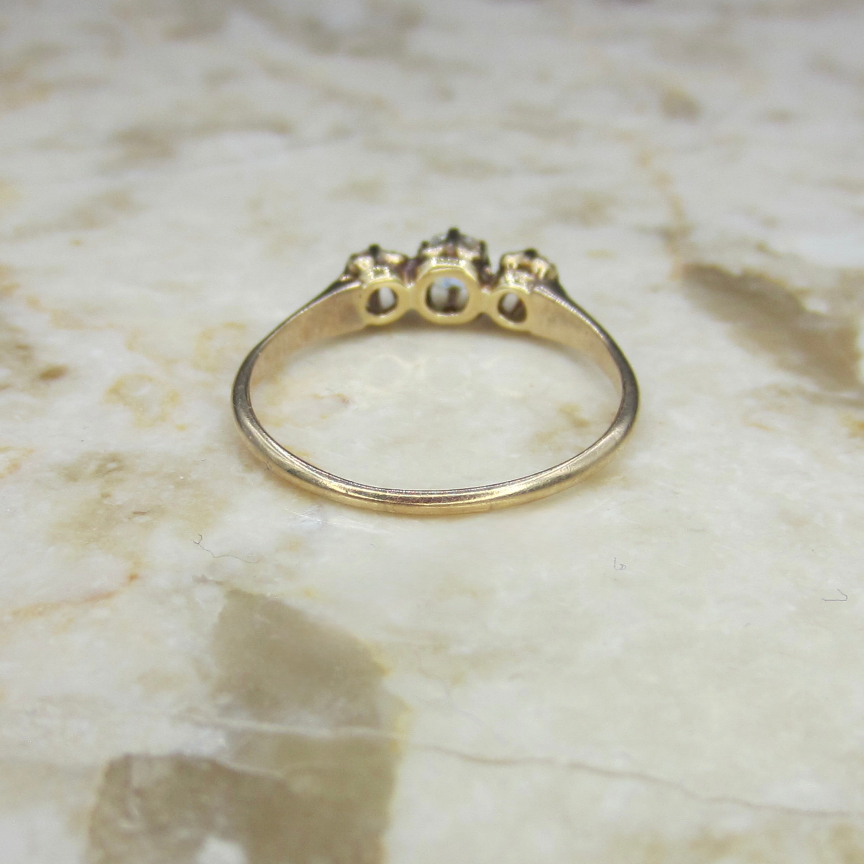 Antique 14k Gold Old Mine Cut Diamond and Ruby Three Stone Ring c.1900