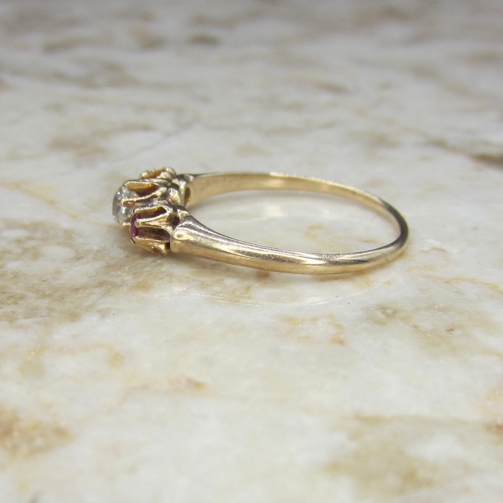 Antique 14k Gold Old Mine Cut Diamond and Ruby Three Stone Ring c.1900