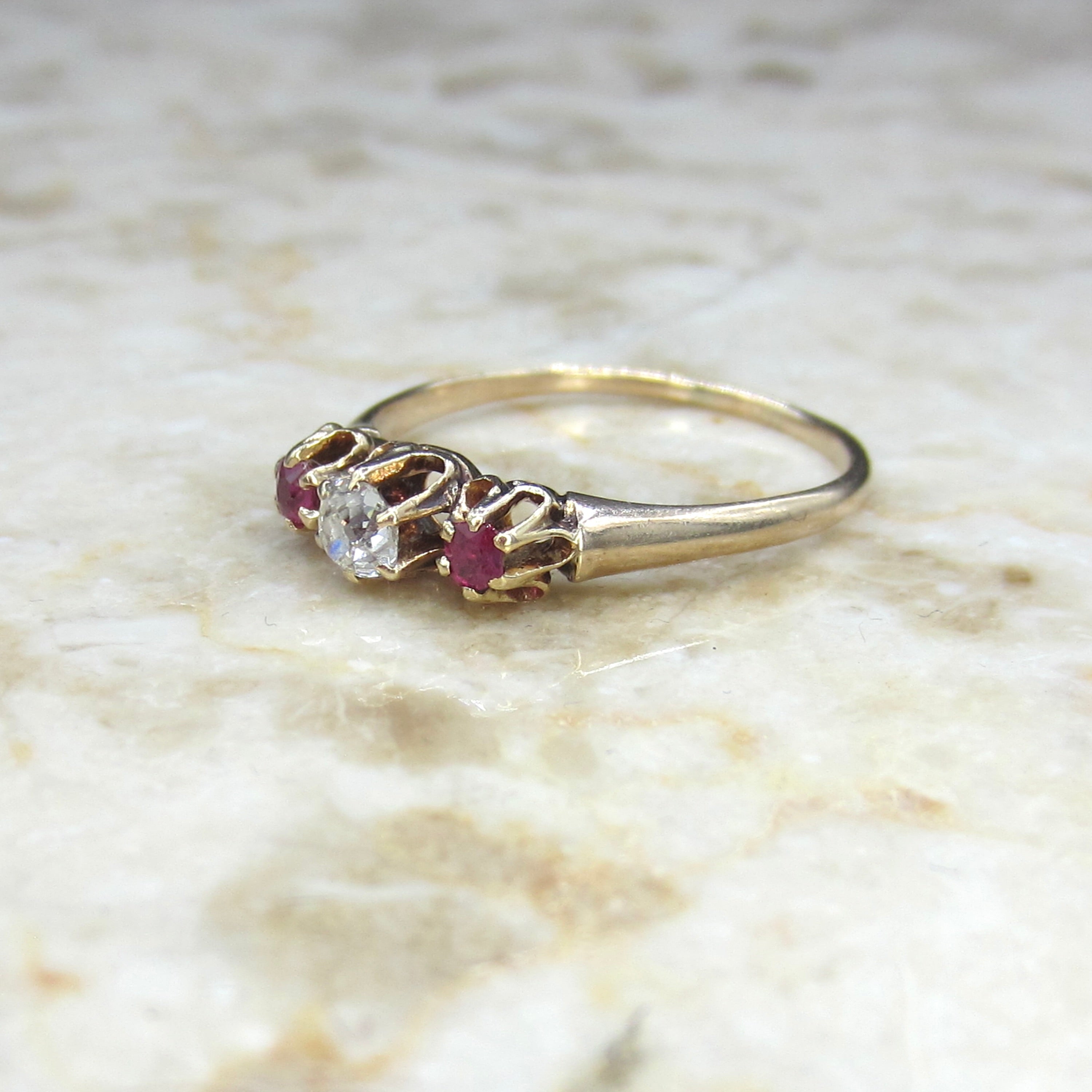 Antique 14k Gold Old Mine Cut Diamond and Ruby Three Stone Ring c.1900
