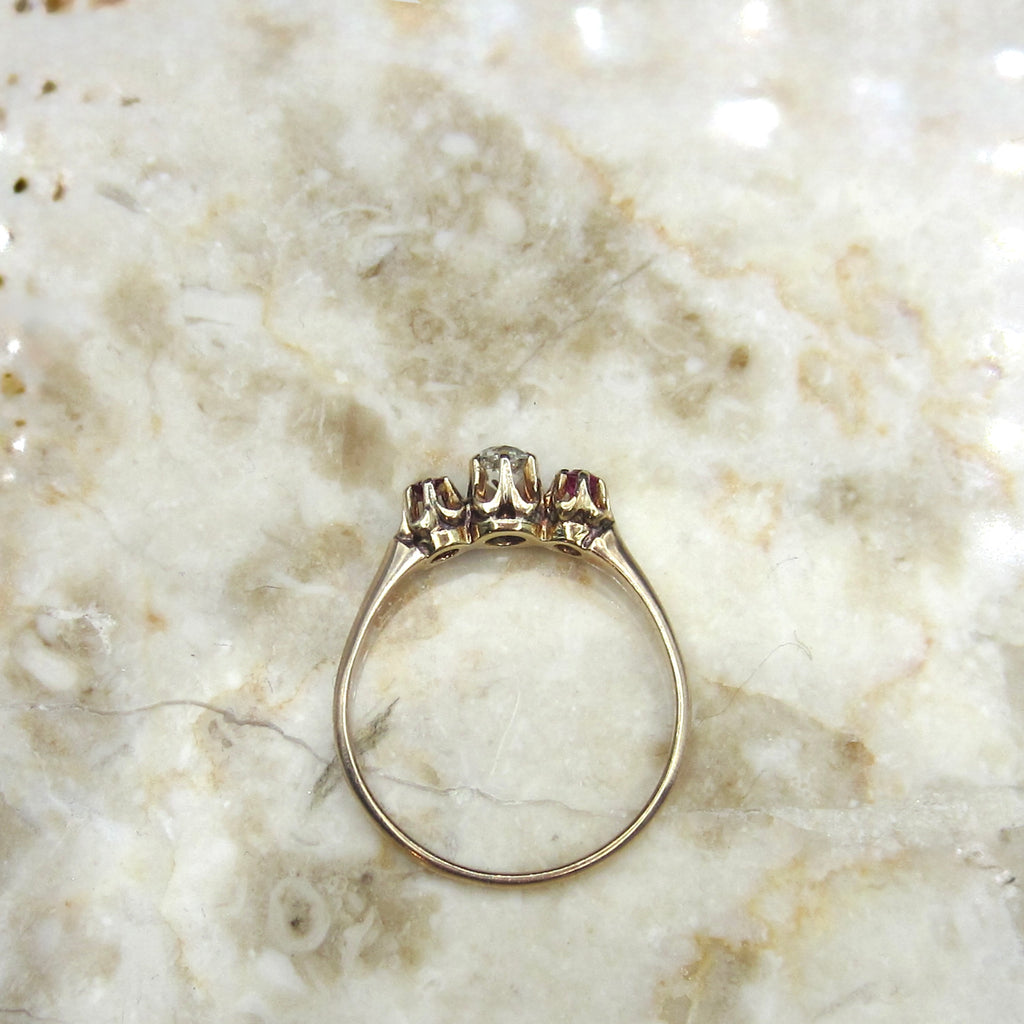 Antique 14k Gold Old Mine Cut Diamond and Ruby Three Stone Ring c.1900