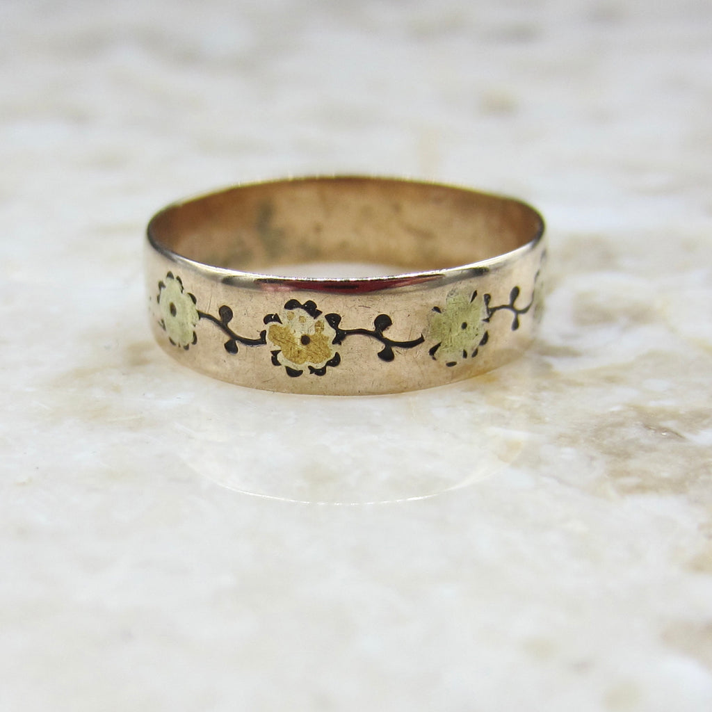 Antique 14k Gold Early Victorian Floral Pattern Band Ring c.1850s