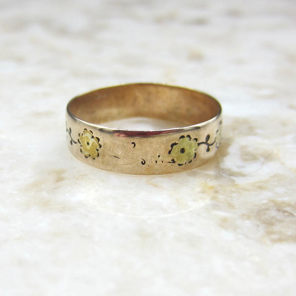 Antique 14k Gold Early Victorian Floral Pattern Band Ring c.1850s