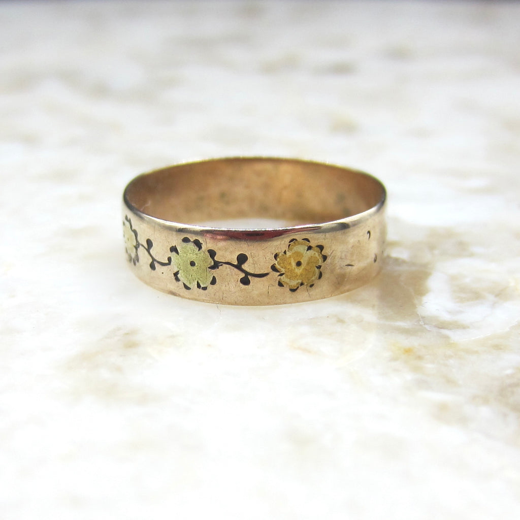 Antique 14k Gold Early Victorian Floral Pattern Band Ring c.1850s