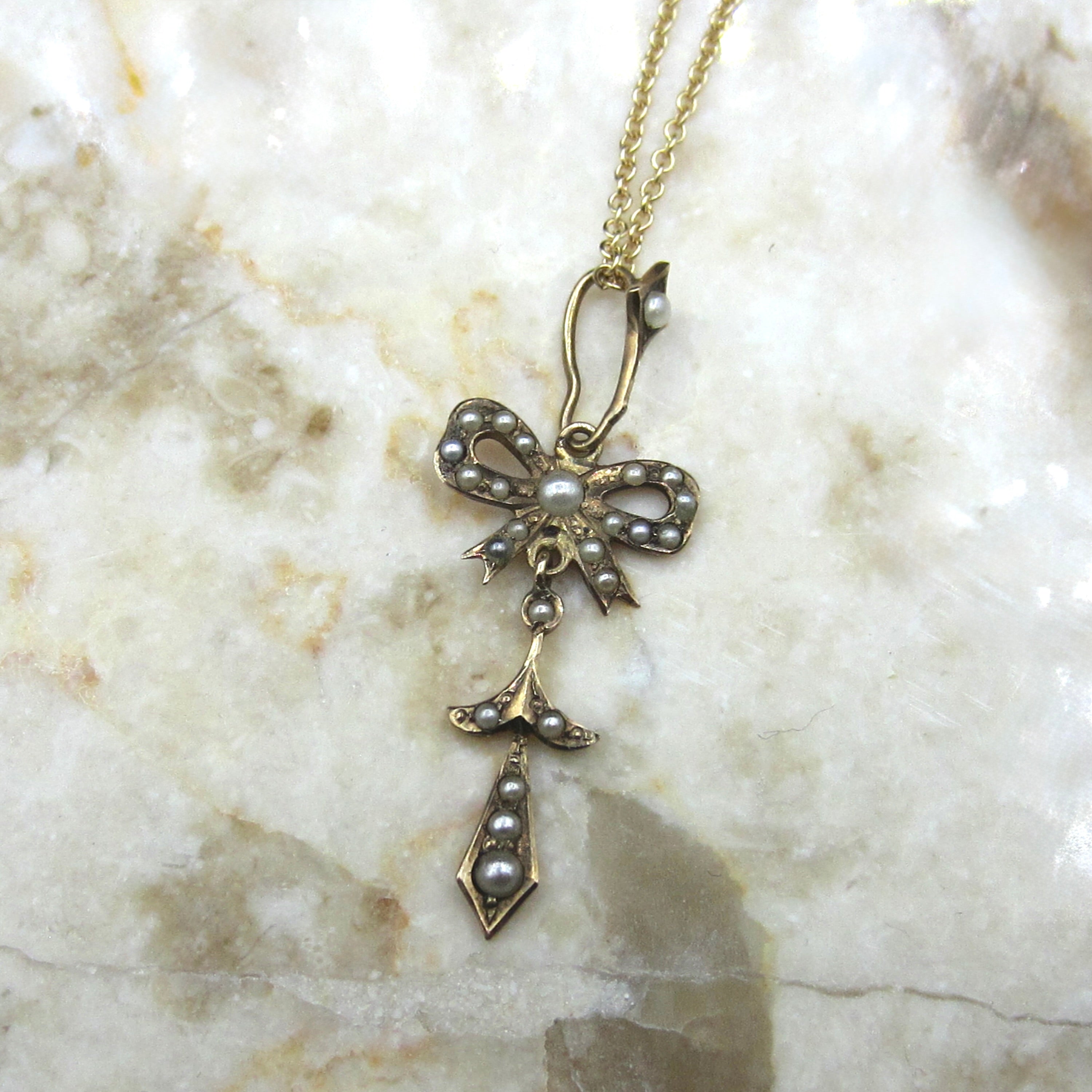 Antique Edwardian 14k Gold Seed Pearl Bow Lavaliere Charm Necklace c.1910