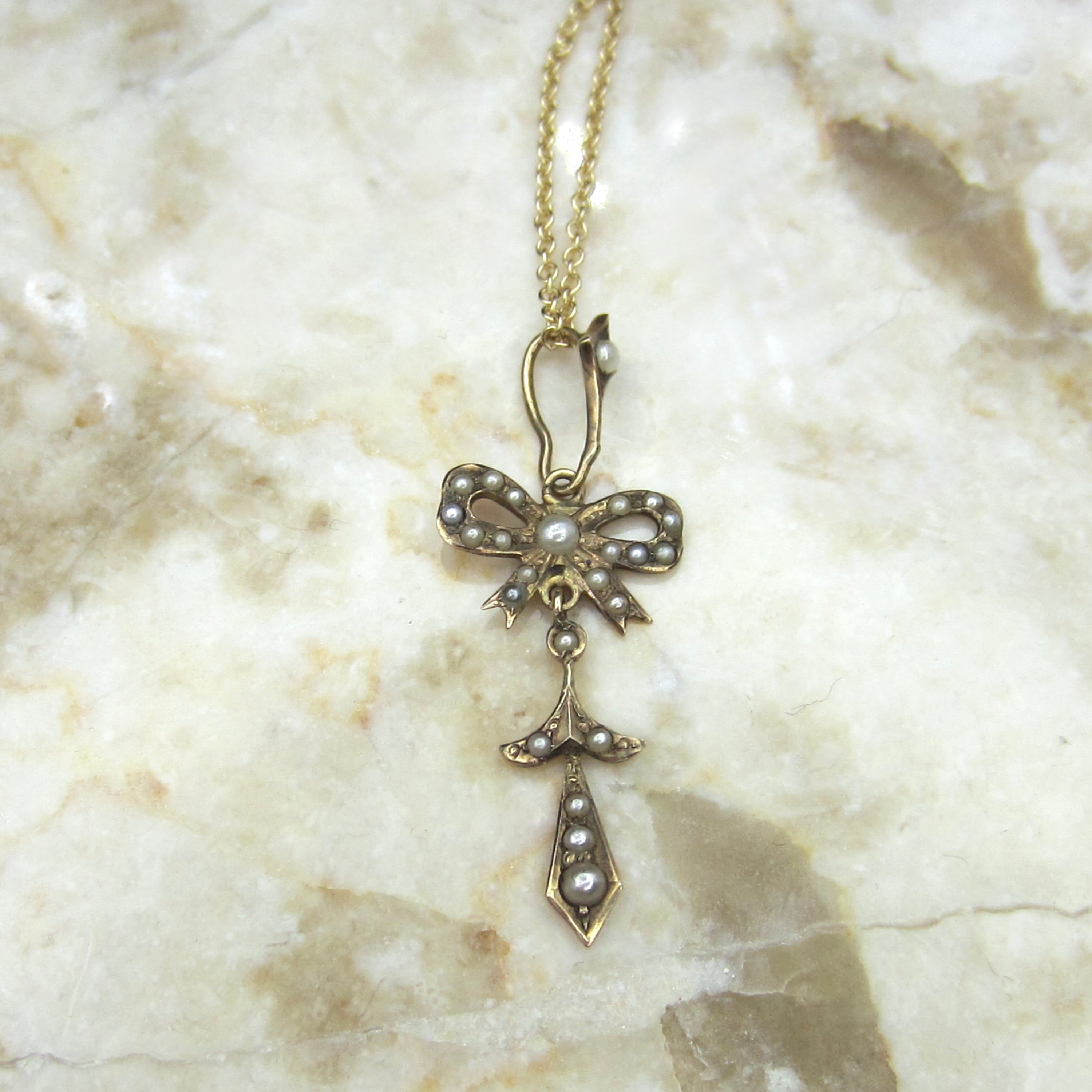 Antique Edwardian 14k Gold Seed Pearl Bow Lavaliere Charm Necklace c.1910
