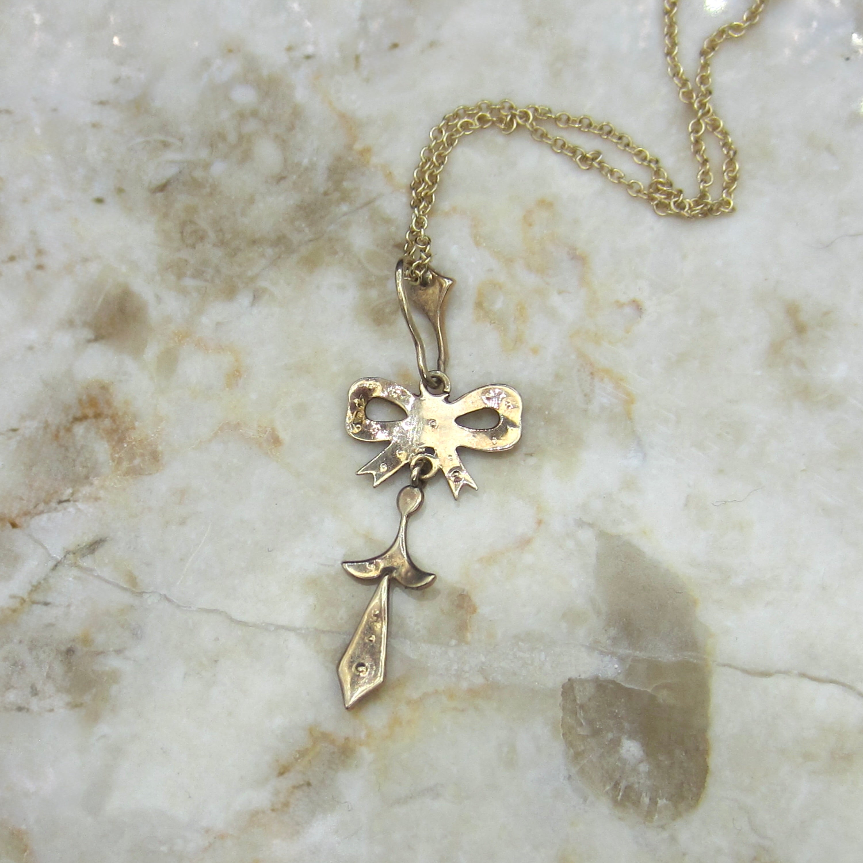 Antique Edwardian 14k Gold Seed Pearl Bow Lavaliere Charm Necklace c.1910