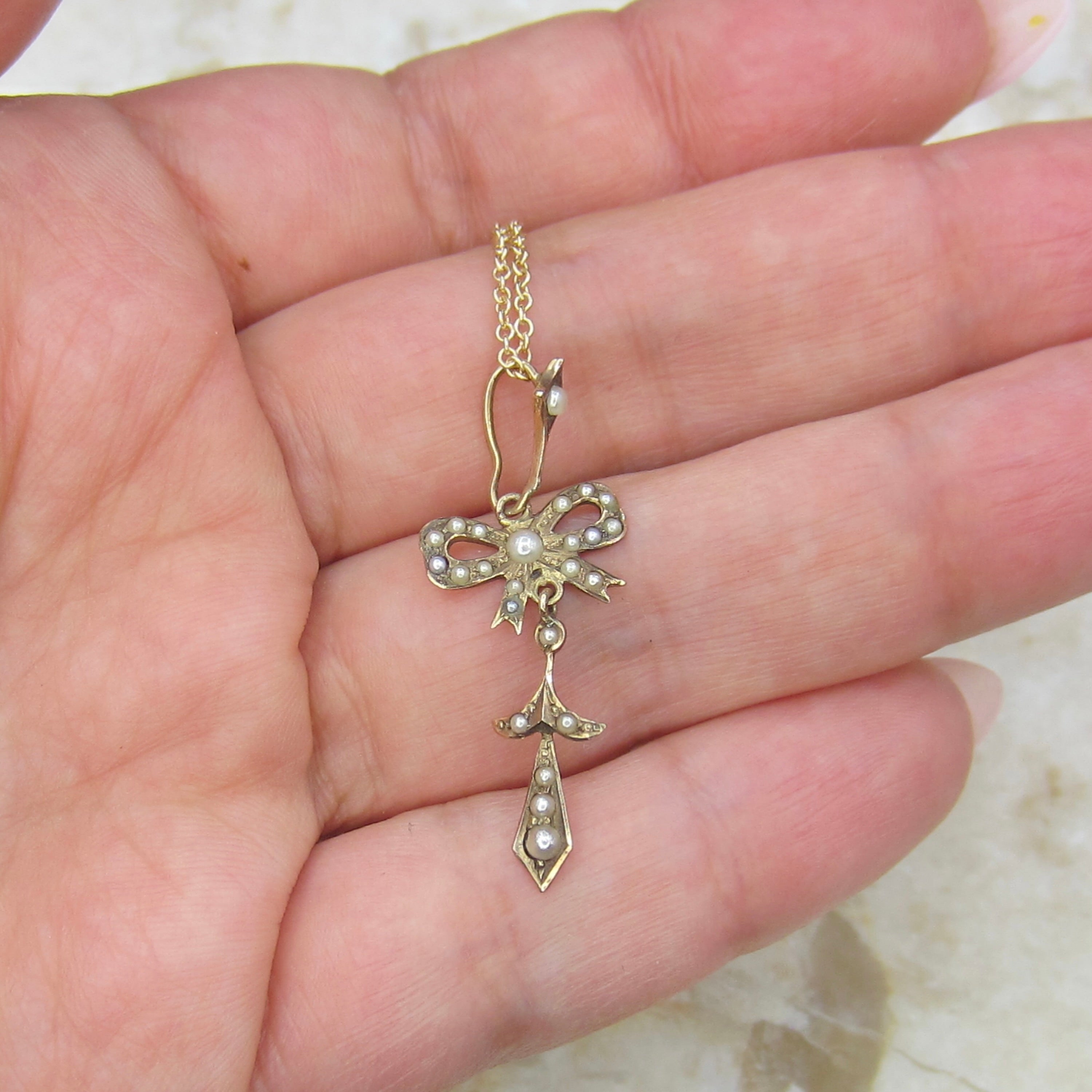 Antique Edwardian 14k Gold Seed Pearl Bow Lavaliere Charm Necklace c.1910