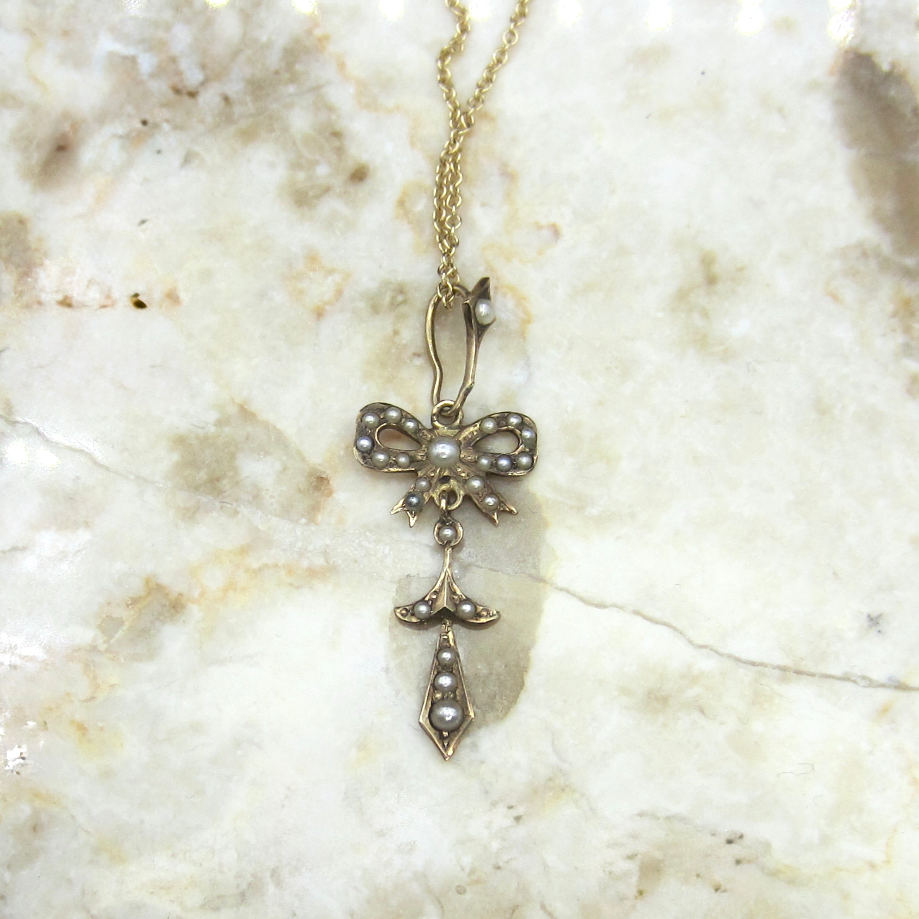 Antique Edwardian 14k Gold Seed Pearl Bow Lavaliere Charm Necklace c.1910