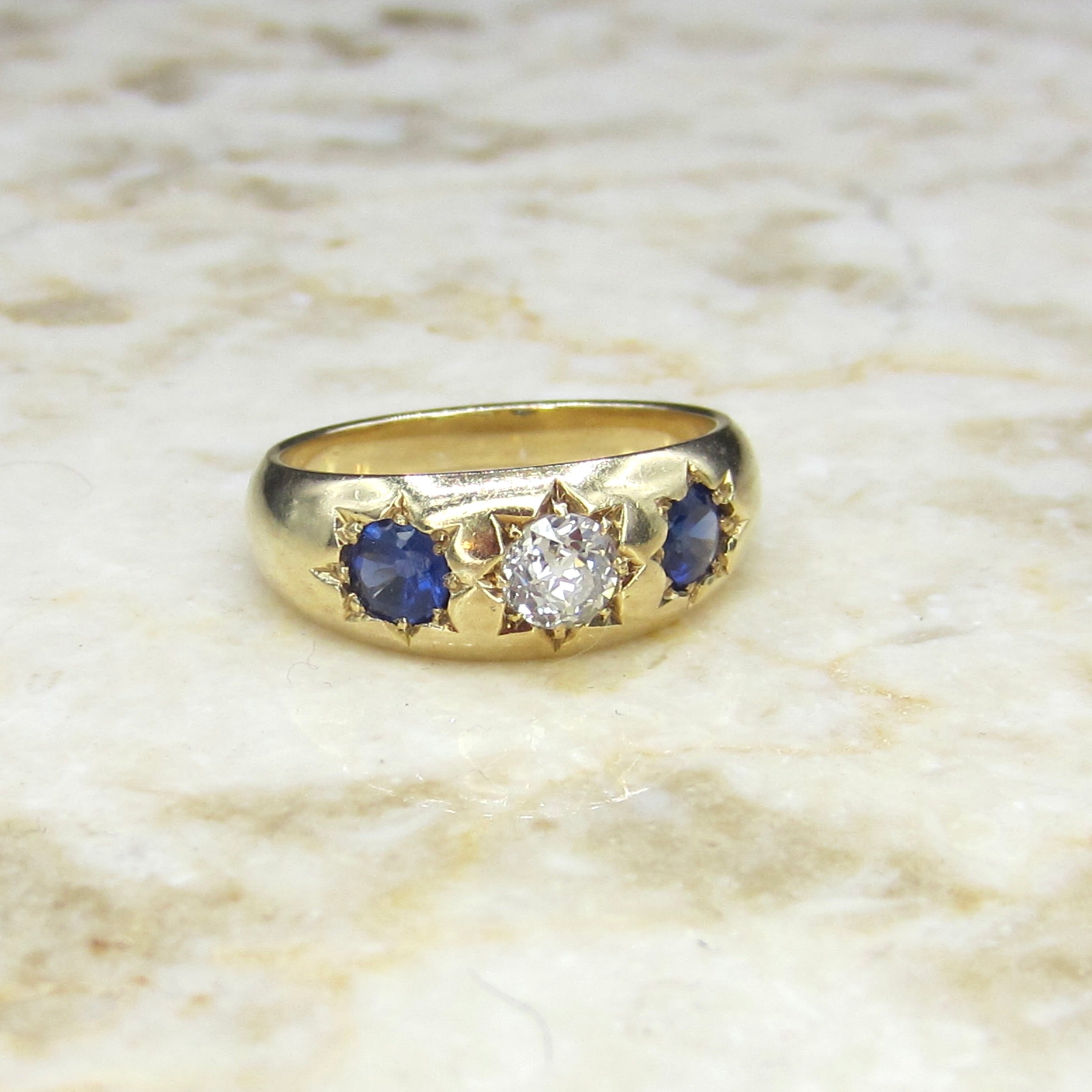 Antique 18k Gold Star Set Old Mine Cut Diamond and Sapphire Ring c.1890s
