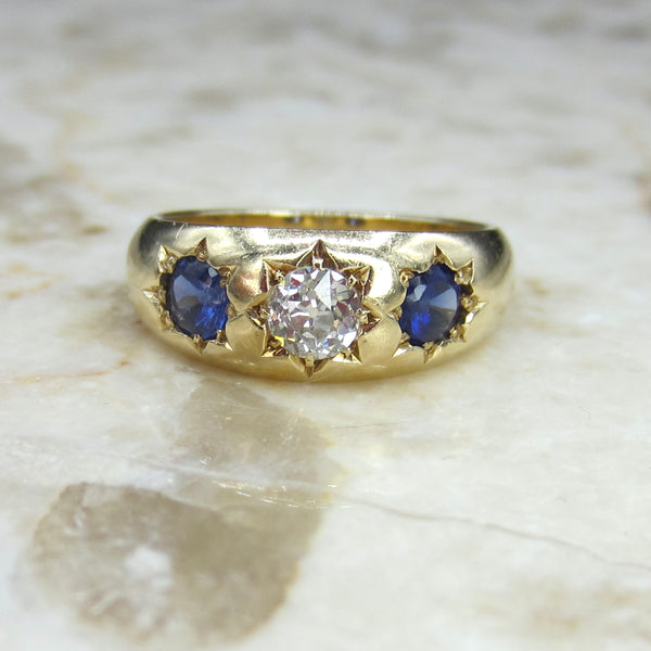 Antique 18k Gold Old European Cut Diamond and Sapphire Ring c.1900