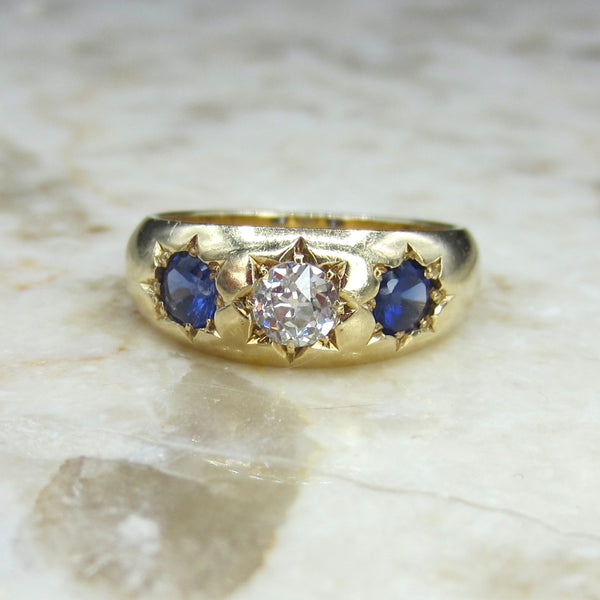 Antique 18k Gold Old European Cut Diamond and Sapphire Ring c.1900