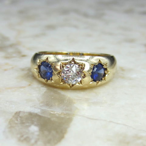Antique 18k Gold Old European Cut Diamond and Sapphire Ring c.1900