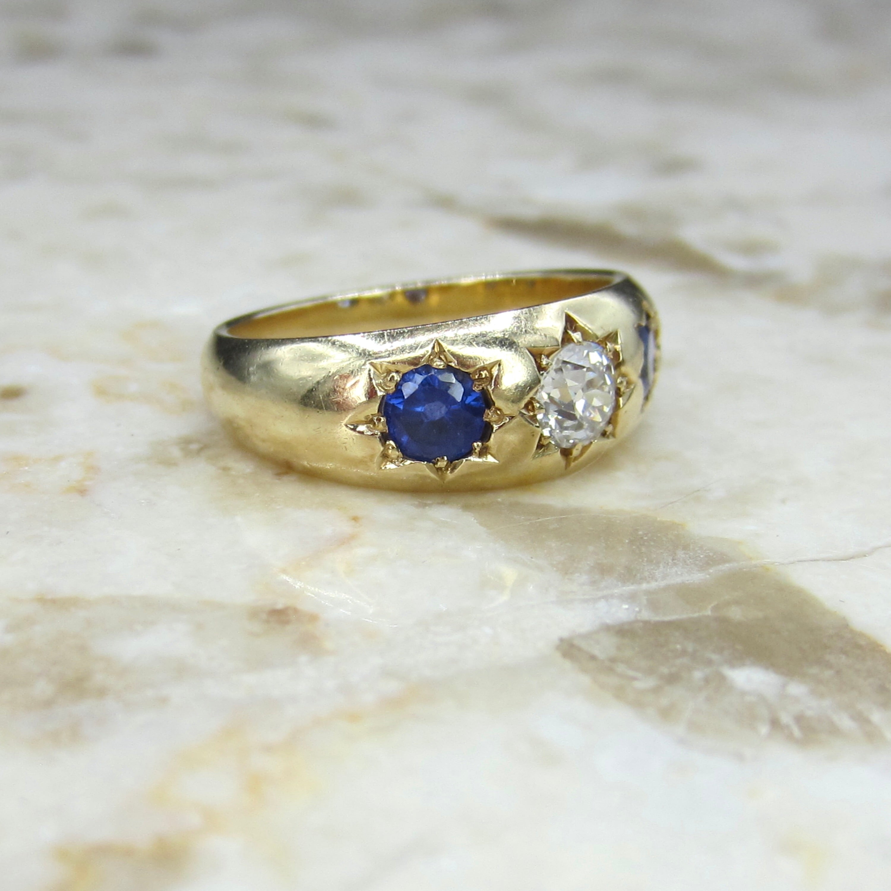 Antique 18k Gold Star Set Old Mine Cut Diamond and Sapphire Ring c.1890s