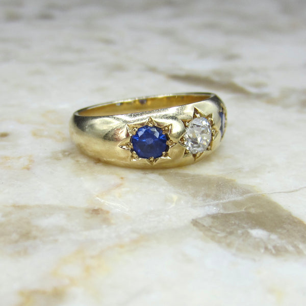 Antique 18k Gold Old European Cut Diamond and Sapphire Ring c.1900