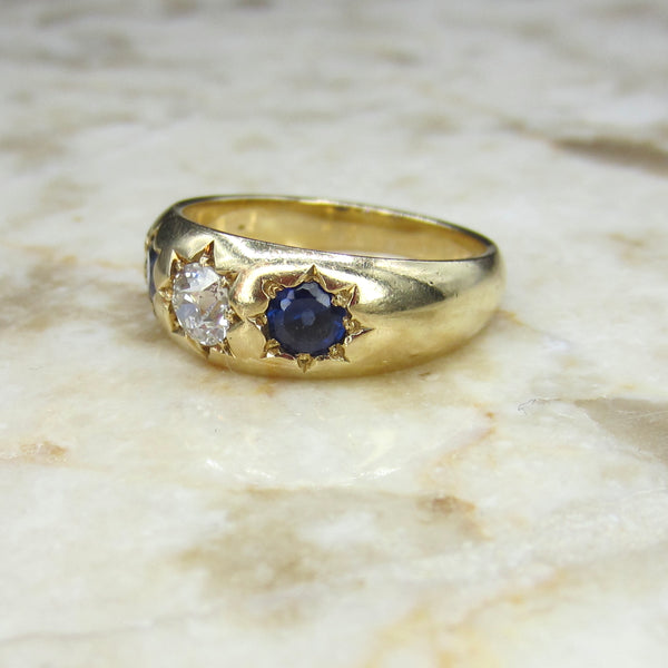 Antique 18k Gold Old European Cut Diamond and Sapphire Ring c.1900