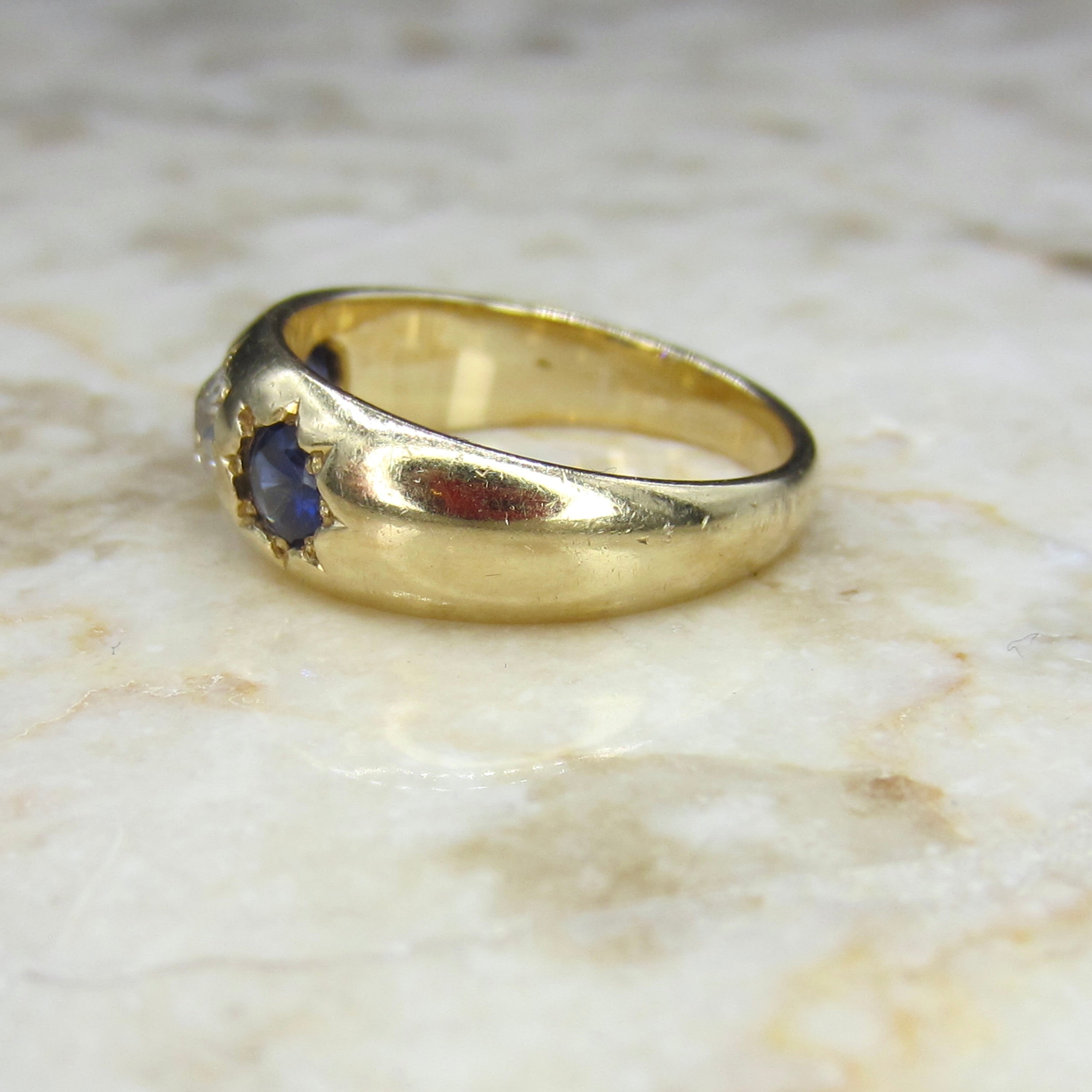 Antique 18k Gold Star Set Old Mine Cut Diamond and Sapphire Ring c.1890s