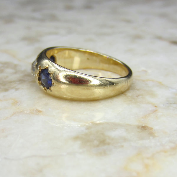 Antique 18k Gold Old European Cut Diamond and Sapphire Ring c.1900