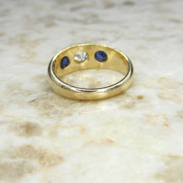 Antique 18k Gold Old European Cut Diamond and Sapphire Ring c.1900