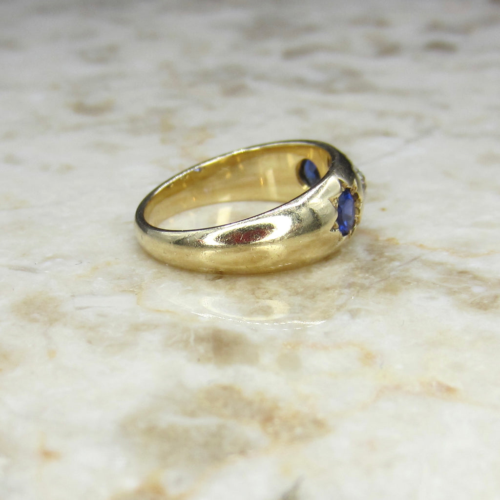 Antique 18k Gold Star Set Old Mine Cut Diamond and Sapphire Ring c.1890s