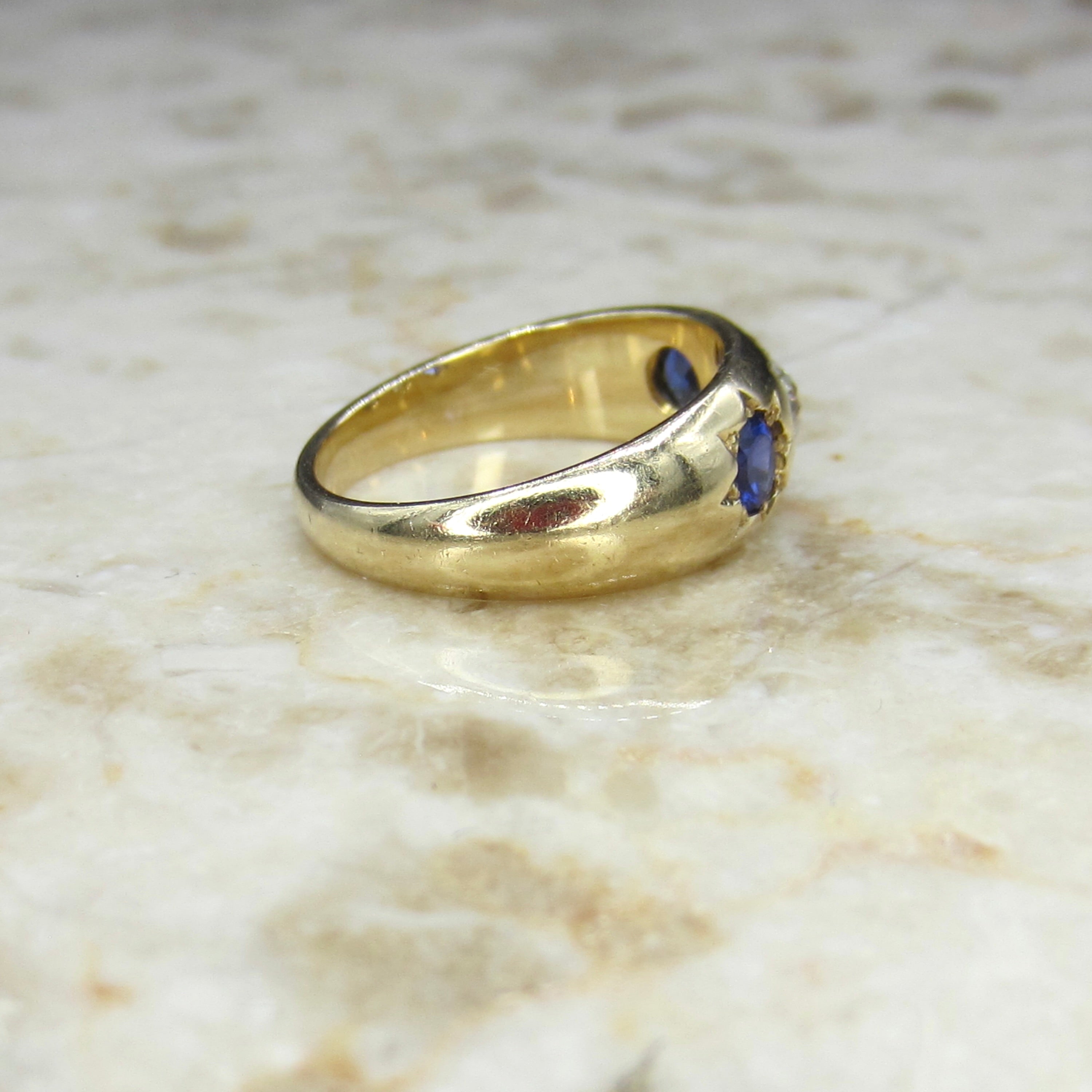 Antique 18k Gold Star Set Old Mine Cut Diamond and Sapphire Ring c.1890s