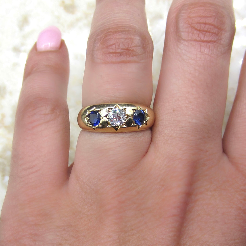 Antique 18k Gold Star Set Old Mine Cut Diamond and Sapphire Ring c.1890s